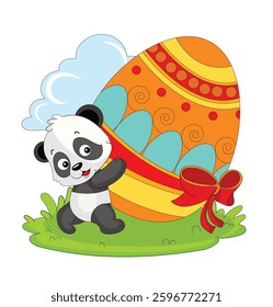 Baby Panda Carrying an Oversized Easter Egg, Cute Cartoon Illustration
