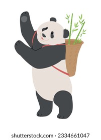 Ein Babypanda trägt einen Korb aus Rattan und erntet Bambus. einfache handgezeichnete Stilgestaltung