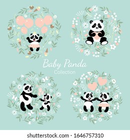 Baby panda collection. Little happy pandas. Illustrations decorated with floral elements, balloons, hearts.