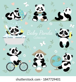 Baby panda collection. A set with little funny pandas. The panda studies, rides a bike, brushes his teeth, sleeps, bathes, drinks coffee, eats, and does exercises. Illustration for children.