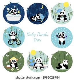 Baby panda collection. Set with little cute pandas. The panda learns, rides a bike, brushes his teeth, sleeps, bathes, drinks coffee, eats and exercises. Illustration for children. 