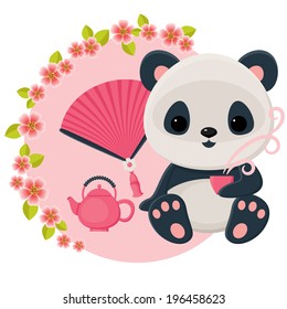 Baby panda is drinking oriental tea. Vector cartoon illustration.