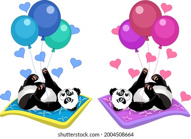 baby panda girl and boy, lying on their backs and looking at balls and hearts, they are very much loved, vector on a white background