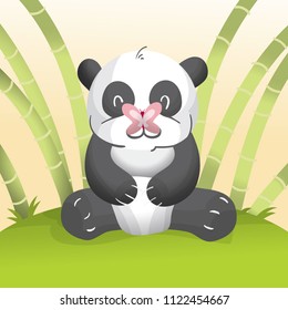 Baby panda happy with butterfly in her nose. Cute Animal in Vector Illustration