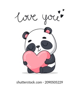 Baby panda hugs a heart. Postcard in cartoon kawaii style. Vector for design, banners, children's books and patterns