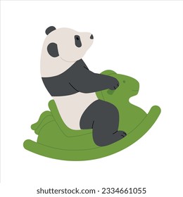 A baby panda playing while riding a wooden horse. simple hand drawn style illustration