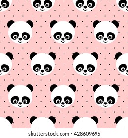 Baby panda seamless pattern on pink polka dots background. Cute vector background with smiling baby animal panda. Child style illustration. Design for print on baby's clothes.