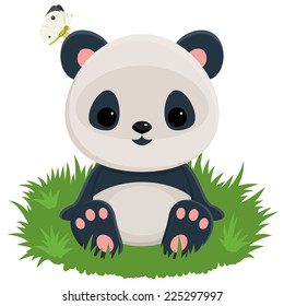 Baby panda sitting on a grass with a butterfly on the ear