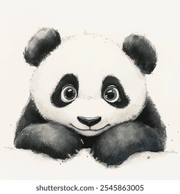 baby panda sitting with paws raised, showcasing its cute and playful nature. Perfect for childrens books, nursery decor, or any project needing a touch of whimsy and charm.