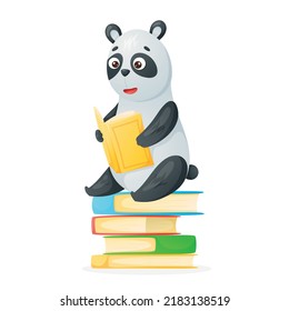 Baby panda sitting and reading on a stack of books or textbooks. Vector isolated cartoon illustration, back to school design element.