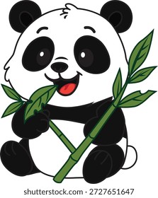 Bebé panda sentado mientras come bambú