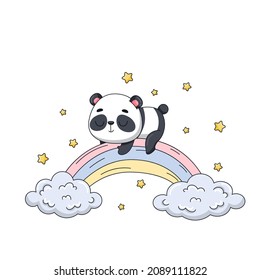 Baby panda sleeping on a rainbow among stars and clouds. Postcard in cartoon kawaii style. Vector for design, banners, children's books and patterns