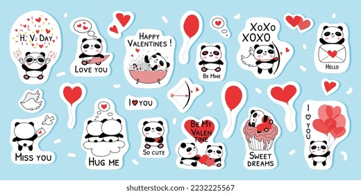 Baby panda stickers for valentines day vector illustration. Cute compositions with bears, red hearts, balloons and congratulatory phrases. 23 flat style Elements 