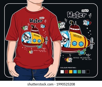 baby panda sub marines, vector animal cartoon illustration design graphic for printing