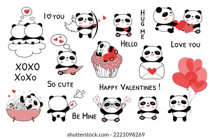 Baby panda valentines day set vector illustration  Cute panda bear collection and red hearts  Hand drawn doodle clip art elements   phrases isolated white background  Flat style