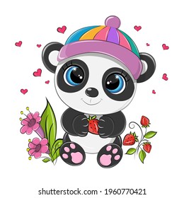 Vector de panda bebé en un prado con flores y fresas en sus patas. El lindo panda tiene una baya en sus patas y sonríe dulcemente y tiene hermosos ojos. La impresión está hecha en un estilo de caricatura.