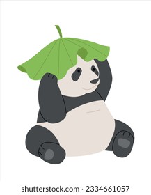 Un panda bebé con una hoja de loto en la cabeza. ilustración de estilo simple con mano