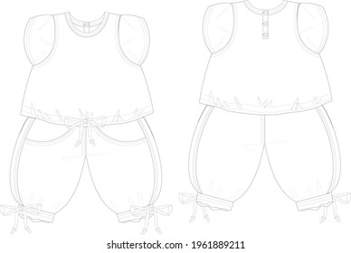 Baby Pants puso a la chica en un vector de ropa de sketch plano. 