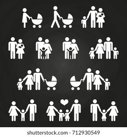 Baby and parents outline icons design - white family pictograms. Vector illustration