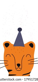 Baby party banner with tiger and copy space for text. Hand drawn graphic for typography poster, card, label, flyer, page, banner, baby wear, nursery. Vector illustration