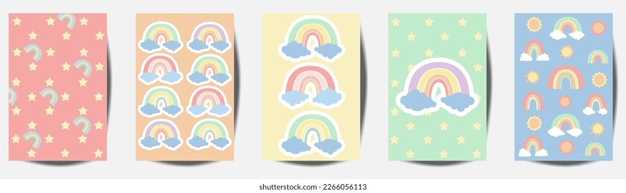 Baby pastel cards set with with rainbow, hearts, stars and clouds. Cute design,poster,postcards,template,vector illustrations.