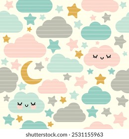 A baby pastel pattern featuring soft clouds and stars, perfect for nursery decor or baby clothes. The gentle design creates a soothing, dreamy atmosphere for infants. Ideal for baby showers.