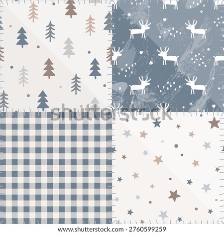 Baby Patchwork Christmas Quilt Doodle Design. Vector background. Cozy Winter Patch Work Texture. Rustic Duvet Design