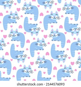 Patrón de bebé con adorables mascotas durmientes - gatos. Impresión sin foco con animales domésticos grasos azules sobre fondo blanco. Papel de pared favorito con gatito enamorado del día de San Valentín. Hand dibujó lindas caricaturas.