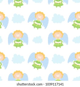 Baby pattern with angels and clouds. Vector seamless background.