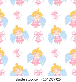 Baby pattern with angels, little princess and pink bells. Vector seamless background.