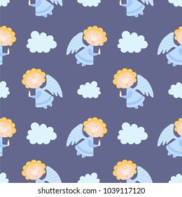 Baby pattern with angels. Vector seamless violet background.