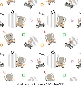 Baby pattern with animals drive a car and geometric shape in the white backdrop