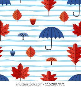 Baby pattern of autumn leaves with umbrella and mushroom. Trendy colorful autumn vector illustration for baby fashion textile.