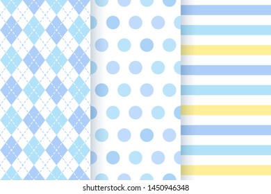 Baby pattern. Blue seamless background. Vector. Baby boy textile print. Cute geometric pastel childish texture for invitation, invite template, card, birth party, scrapbook. Flat design illustration.