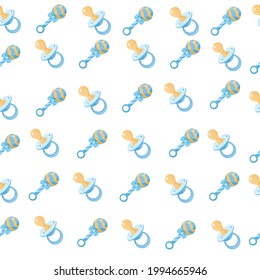 baby pattern in blue shades with pacifier and baby toy on transparent background