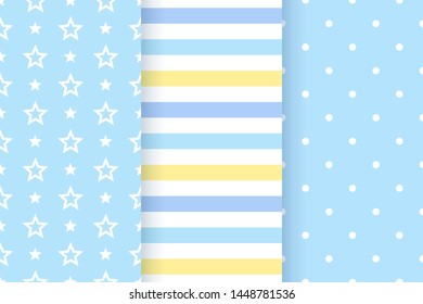 Baby pattern. Baby boy seamless background. Vector. Blue pastel childish texture. Cute geometric textile print for invitation, invite template, card, birth party, scrapbook. Flat design illustration.