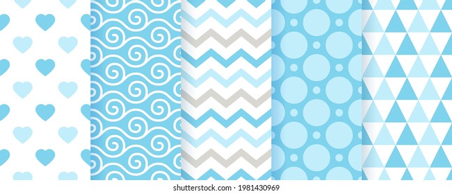 Baby pattern. Baby boy seamless backgrounds. Blue pastel textile textures. Vector. Kids geometric print. Set of cute childish wrapping paper. Scrapbook backdrops. Modern illustration.  