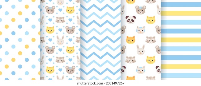 Baby pattern. Baby boy seamless backgrounds. Kids textures with animals, polka dot, zig zag and stripes. Set of cute textile prints. Blue pastel childish scrapbook backdrops. Vector illustration.