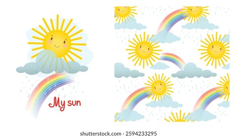 Baby pattern with bright cute sun and rainbow, cloud and rain, baby shower greeting card. Seamless background with weather, cute vector texture for baby bedding, fabric, wallpaper, wrapping paper, tex