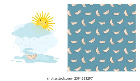 Baby pattern with bright cute sun and paper boat, baby shower greeting card. Seamless pattern on blue background, cute vector texture for kids bedding, fabric, wallpaper, wrapping paper, textile, t-sh