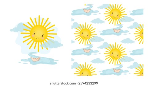 Baby pattern with bright cute sun and paper boat, baby shower greeting card. Seamless background, cute vector texture for kids bedding, fabric, wallpaper, wrapping paper, textile, t-shirt printing