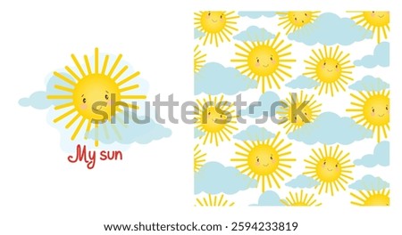 Baby pattern with bright cute sun and clouds, baby shower greeting card. Seamless background with sun, cute vector texture for baby bedding, fabric, wallpaper, wrapping paper, textile, t-shirt printin