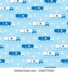 Baby Pattern With Car Milk Carrier. Tanker Truck Is Carrying Dairy For Children. Childish Seamless Print With Blue Transport, White Cow Icon. Milk Cistern For Kid's Textile, Boy Fabric, Food Packaging