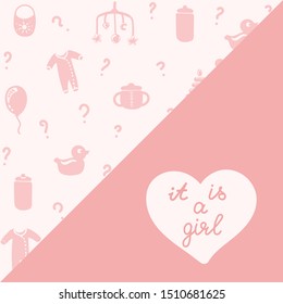 Baby pattern or card. Flat style background. Newborn, child symbols. Child gender. It is a girl. Vector