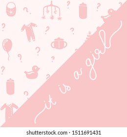 Baby pattern or card. Flat style background. Newborn, child symbols. Child gender. It is a girl. Vector