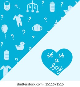 Baby pattern or card. Flat style background. Newborn, child symbols. Child gender. It is a boy. Vector
