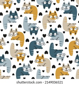 Baby pattern with cartoon cats. Cute pets for kids seamless print. Good animals doze. Adorable fat domestic cats for nice infant products design, children's fabrics, hearts covers, nursery wallpapers.