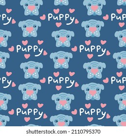 Baby pattern with cartoon pets - dogs on blue background. Cute puppy heads and lettering with hearts for nursery design. Sweet animals for kids seamless wallpaper, fabric texture. Friendly characters.