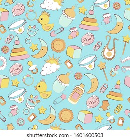 Baby pattern with child's toys, objects.
Seamless pattern with baby things on blue background. Endless texture for your design, greeting cards, announcements, posters, textiles. - vector