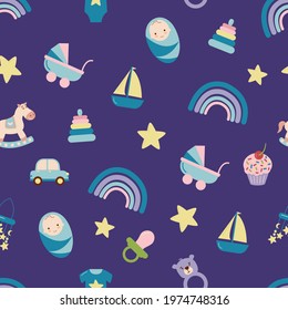 Baby pattern with child's toys, objects. Seamless pattern with baby things. Design for fabrics, textiles, wallpaper, packaging, children's room decoration.